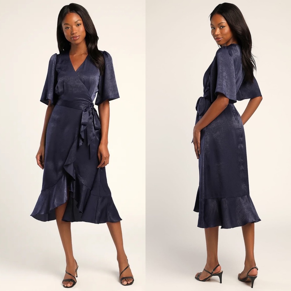 Lulus | Wrapped Up In Love Navy Blue Satin Faux-Wrap Midi Dress